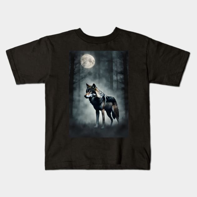 Mysterious Wolf in the Foggy Dark Forest Vintage Kids T-Shirt by Art-Jiyuu